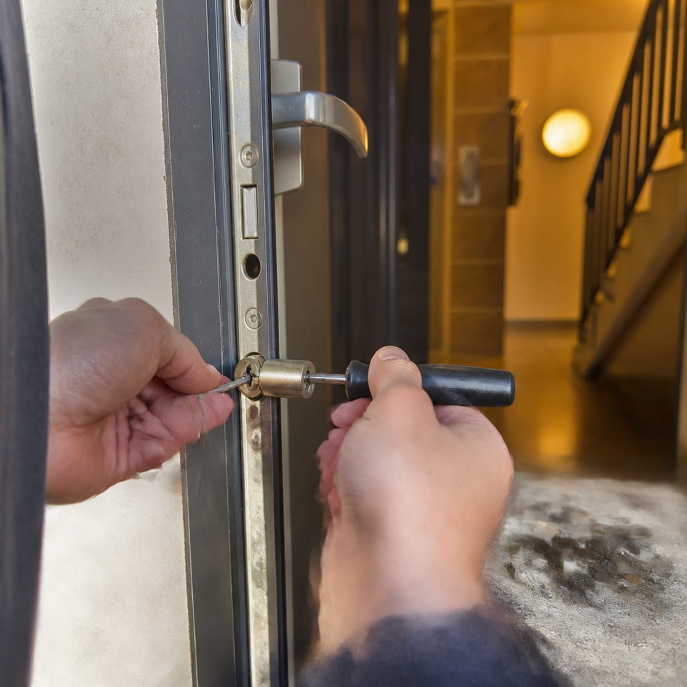 mains extrayant un cylindre de serrure sur palier