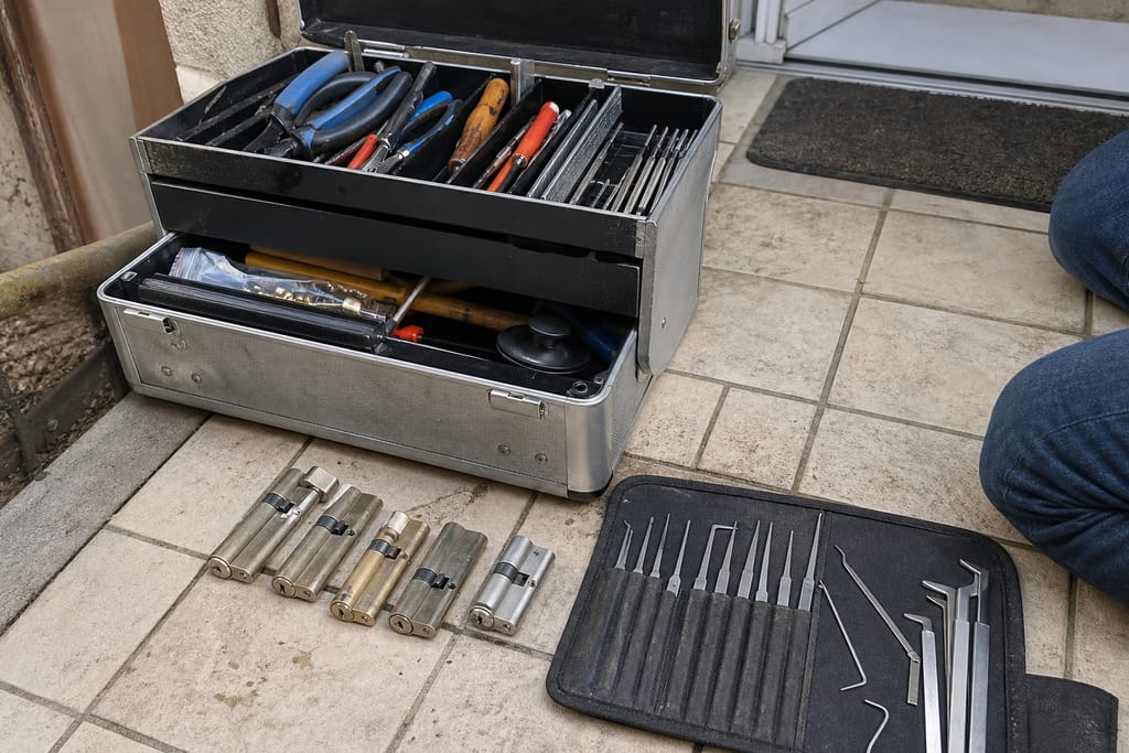 boîte à outils ouverte avec matériel de serrurerie